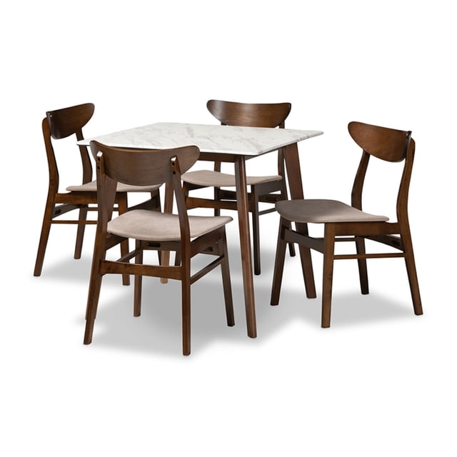 Baxton Studio Paras Mid-Century Modern Transitional Light Beige Fabric Upholstered and Walnut Brown Finished Wood 5-Piece Dining Set with Faux Marble Dining Table