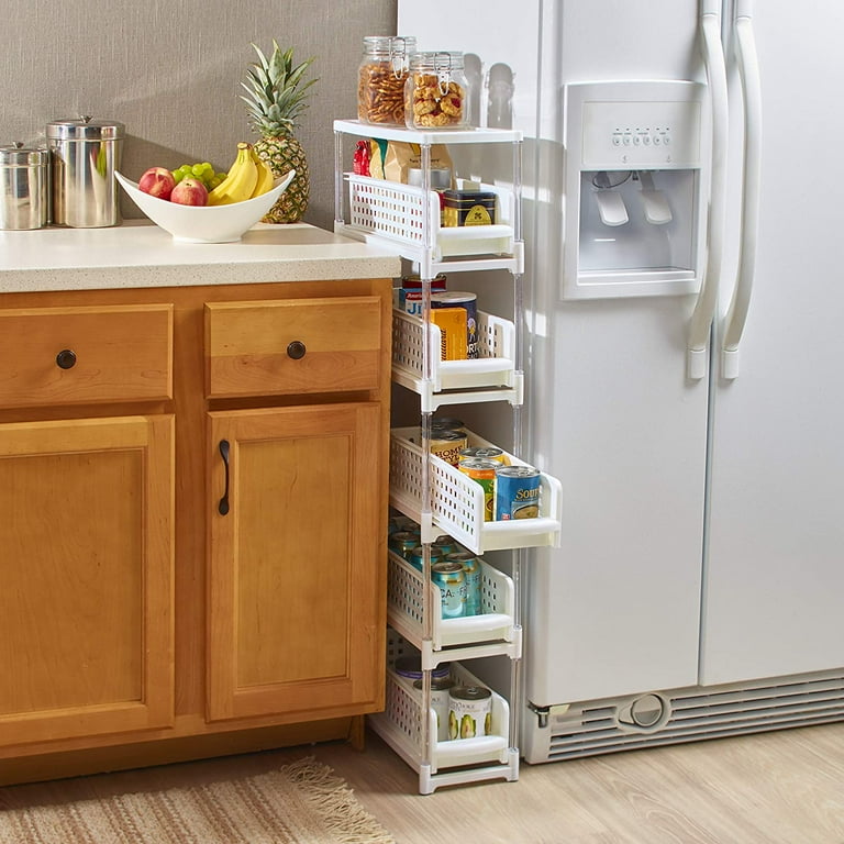 Slim Kitchen Storage with Five Slide-Out Drawers for Pantries, Gaps,  Bathrooms 