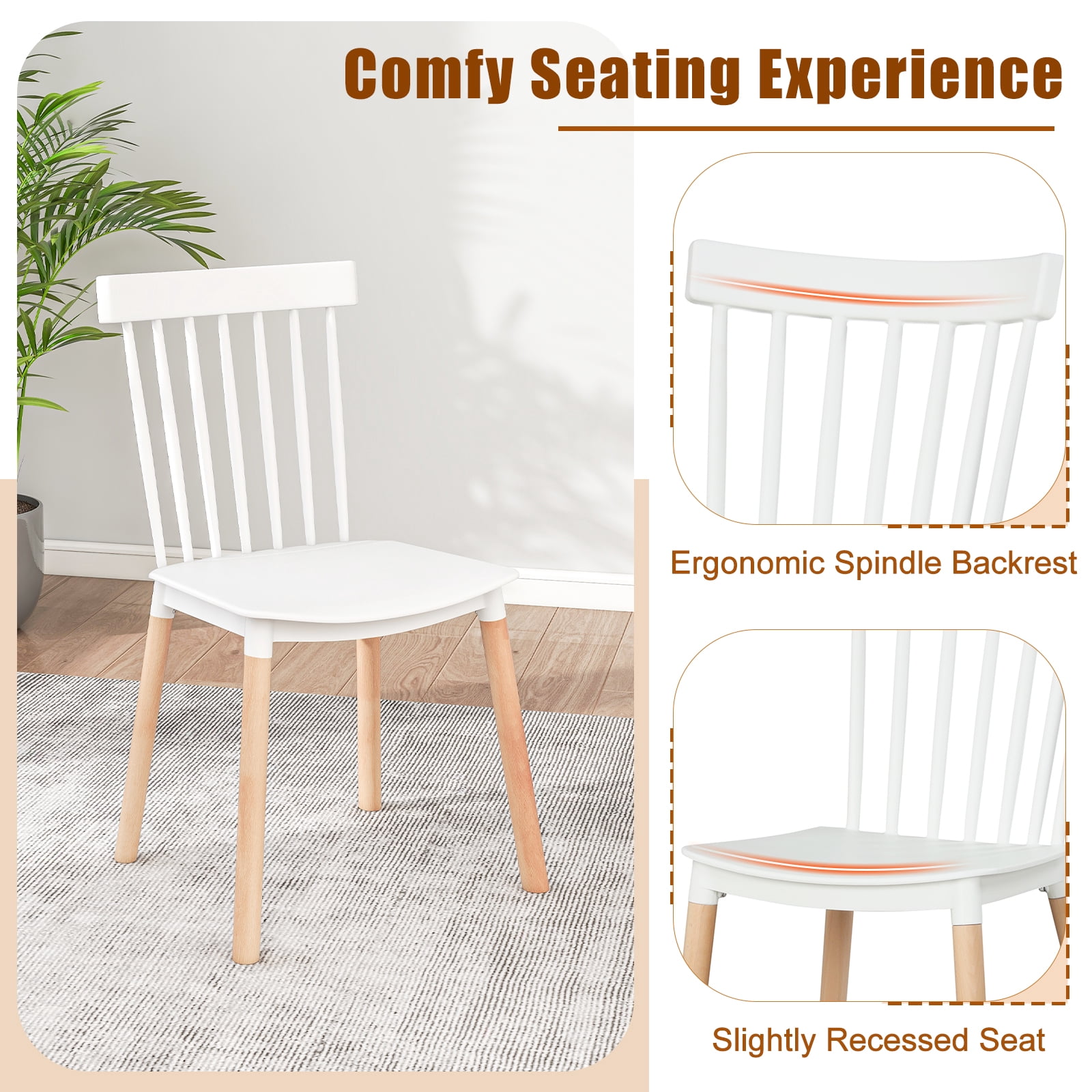 Giantex Set of 4 Windsor Dining Chairs, Armless Side Chairs w/ Spindle Back, White