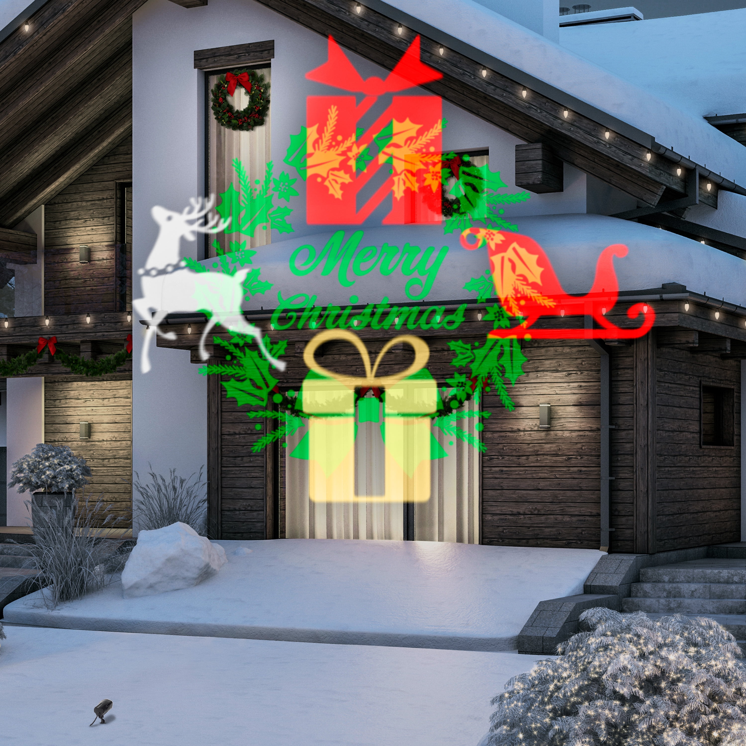 Christmas Lightshow Illuminations Projector Lights Plus Whirl a Motion and Static Merry Christmas Wreath Holiday Lighting