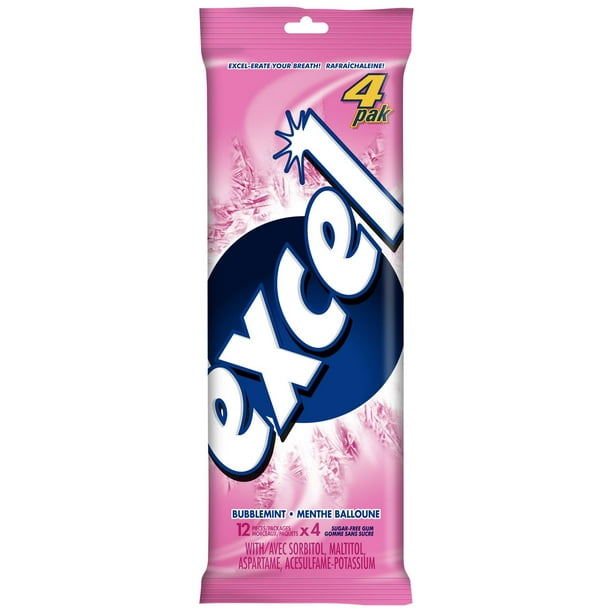 Excel Bubblemint Chewing-gum, sans sucre, 12 pastilles, paquet de 4