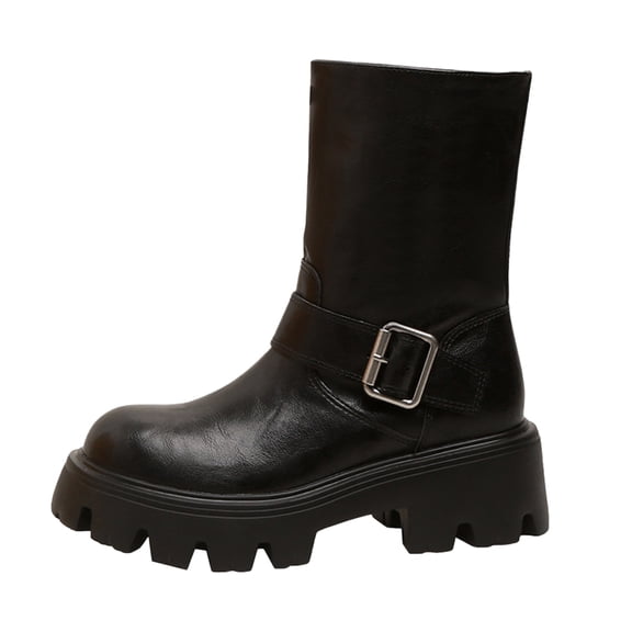 YLYL Women Mid Calf Boots Buckles Chunky Heel Lug Sole Motorcycle Biker Gothic Combat Boot