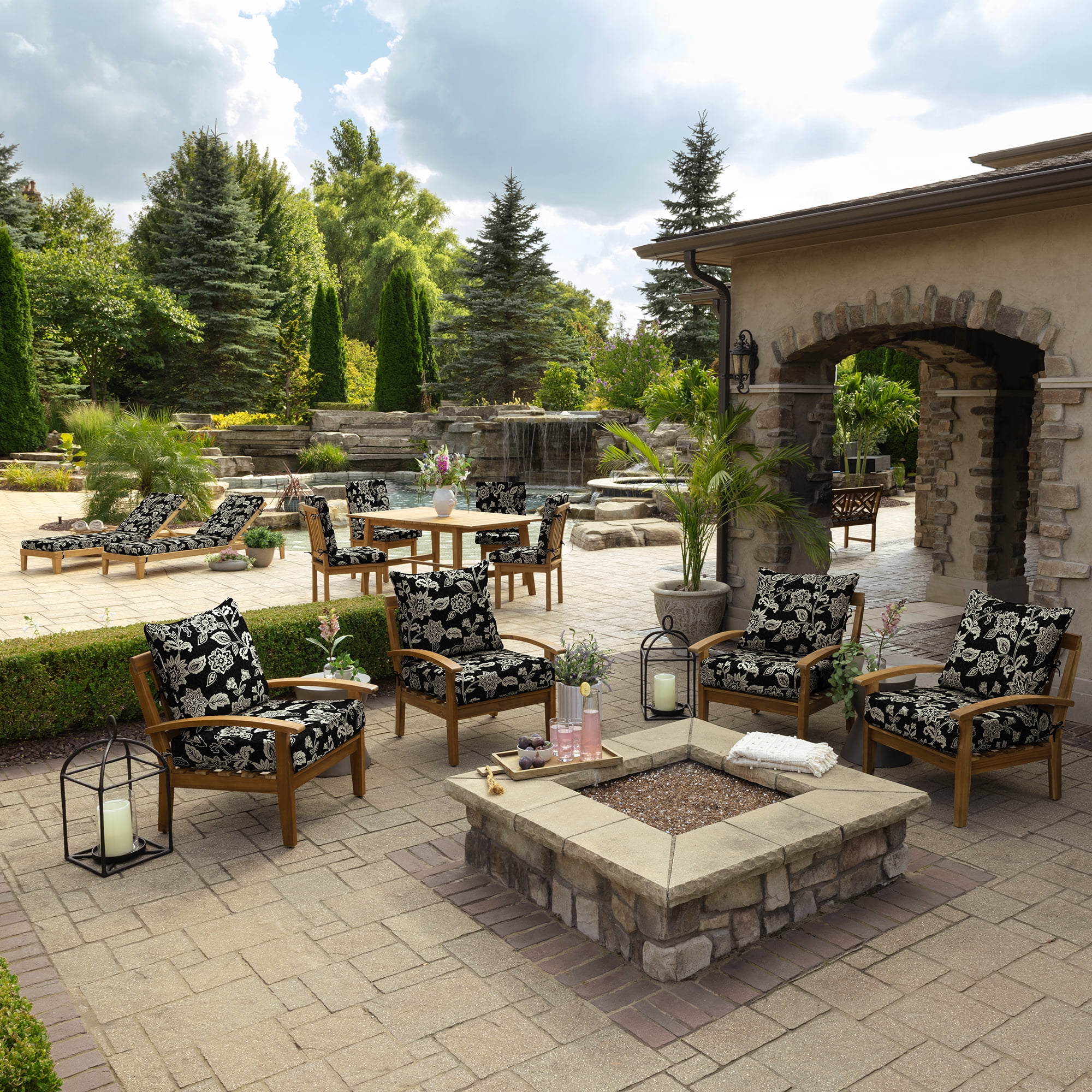 ARDEN Foam Outdoor Dining Chair Cushion, 20 x 20, made with ProFoam, Rain-proof, Fade Resistant, Ashland Black Jacobean