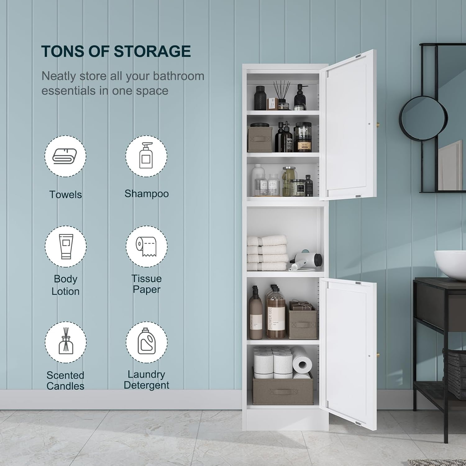 Tall Bathroom Storage Cabinet,Slim Tall Metal Cabinet with Open Compartment,Freestanding Narrow Stroage Cabinet for Bathroom, Entryway, Slim Pantry,Living Room,White