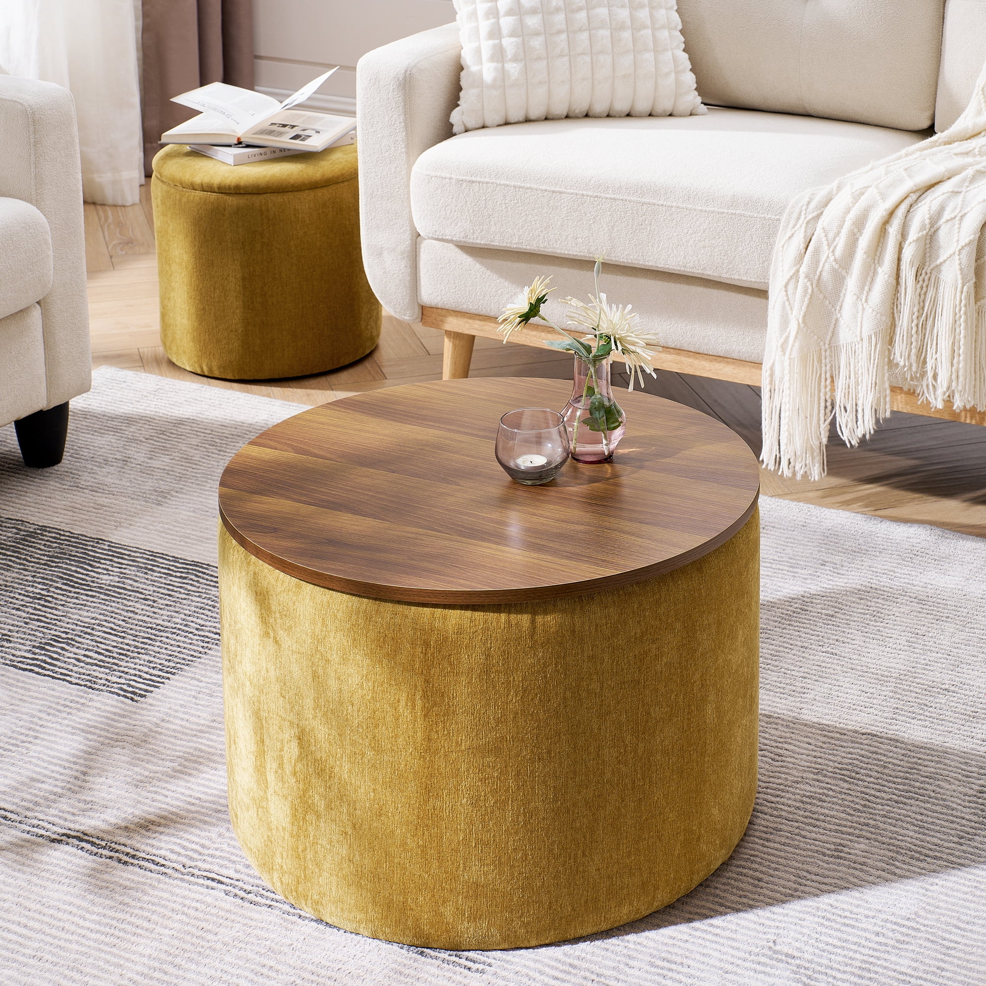 Lunale Round Storage Ottoman Set of 2, Chenille Upholstered Coffe Side Tables for Living Room, Dark Yellow