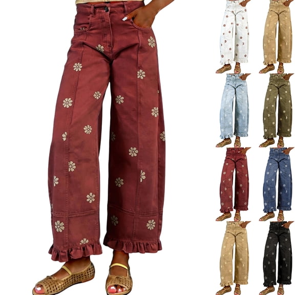 KLHDSF Womens Vintage Floral Printed Wide Leg Jeans Patchwork Distressed Loose Denim Trousers Black L
