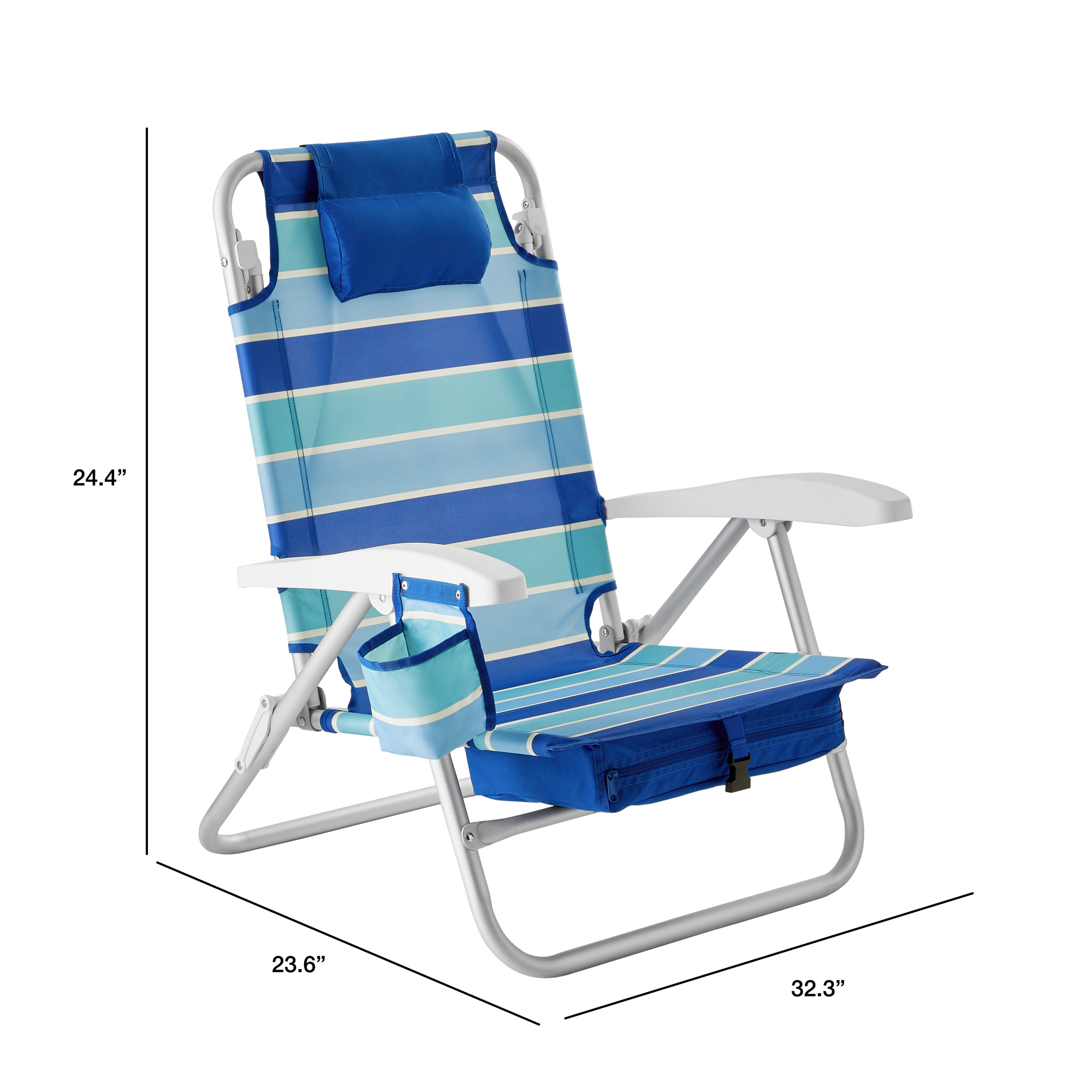 Mainstays Reclining and Lay Flat Backpack 2-Pack Beach Chair, Striped Blue Pattern, New