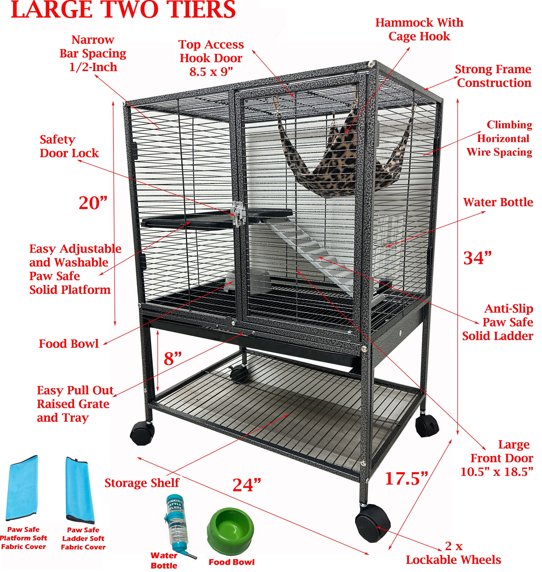 LARGE Two-Levels Tight 1/2-Inch Bar Spacing for Feisty Ferret Hammock Chinchilla Guinea Pig Rabbit Cat Mouse Hamster Gerbil Small Animals Critters Rolling Cage