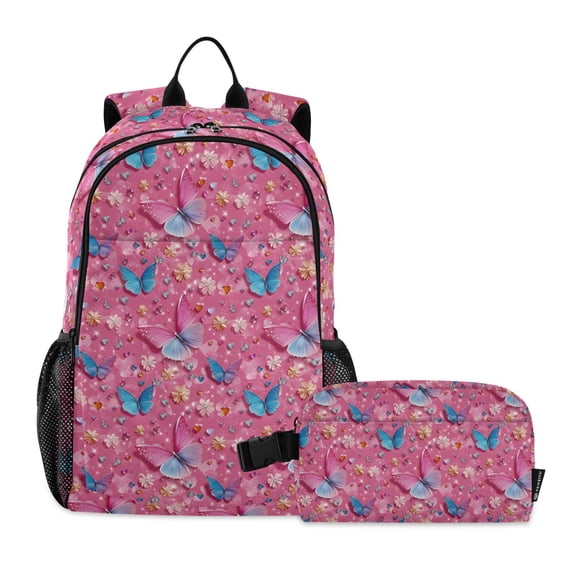 ALAZA 3d Butterflies Pink School Backpack Lunch Box Set Student Bookbag