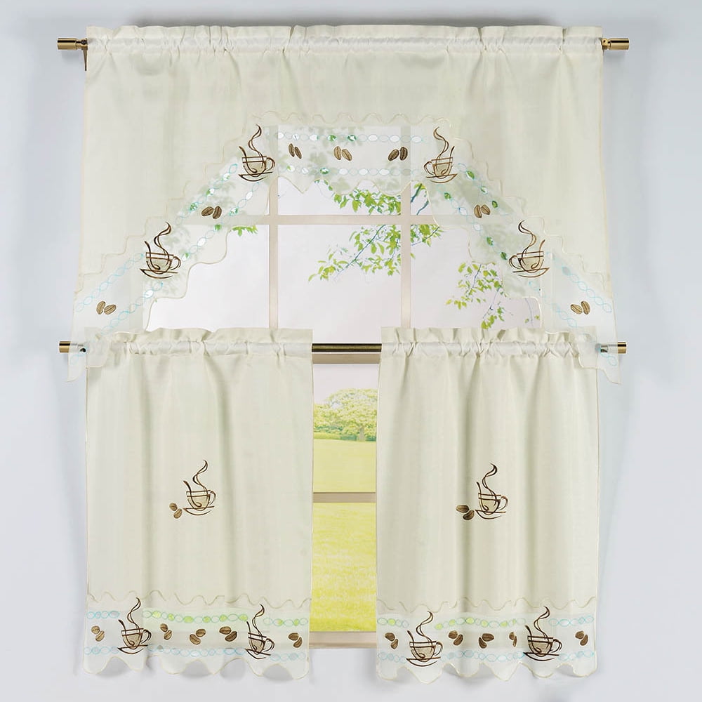 3 Piece Coffee Talk Ivory Embroidered Kitchen Curtain 36" Tiers & 36