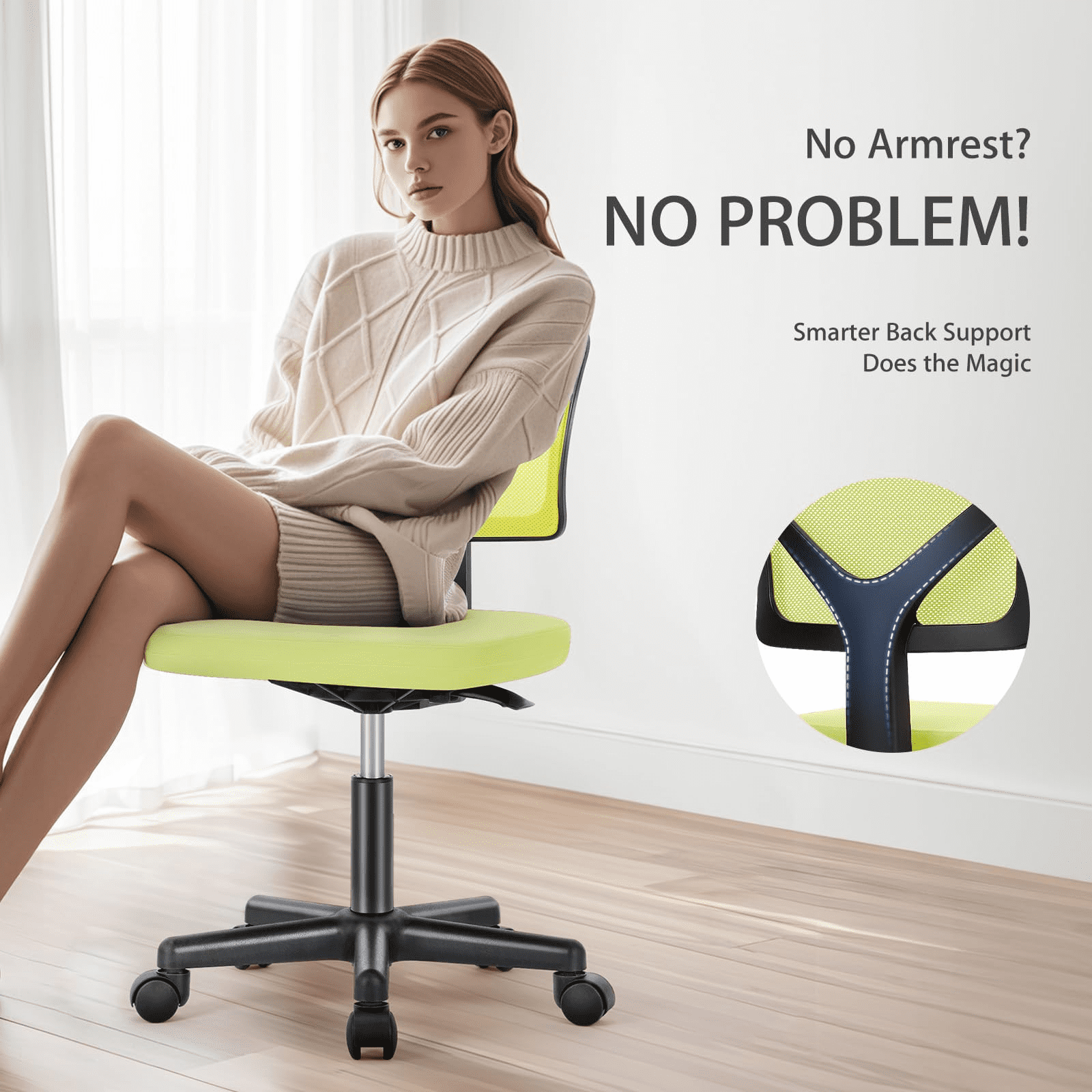 Kelno Small Desk Chair with Wheels Armless Low-Back Office Chair Ergonomic Adjustable Computer Desk Chair with Lumbar Support,Green