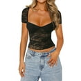 thumbnail image 5 of Michellecmm Women's Summer Slim Crop Tops Short Sleeve Low Cut Sheer Lace Floral Club T-shirt, 5 of 6