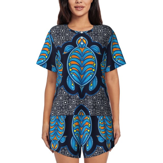 Balery Turtle Conjunto de Pijama para Mujer con Estampado, Dos Piezas de Manga Corta y Shorts, Ropa de Dormir Suave con Cuello Redondo y Bolsillos-Medium