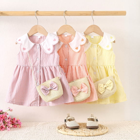 HVOBTTY Toddler's Soft Mini A-Line Dresses, Summer Dresses for Kid Girls' Comfortable Casual Plaid Heart Print A-line Hem Versatile Daily Wear Dress Orange, 12-18 Months