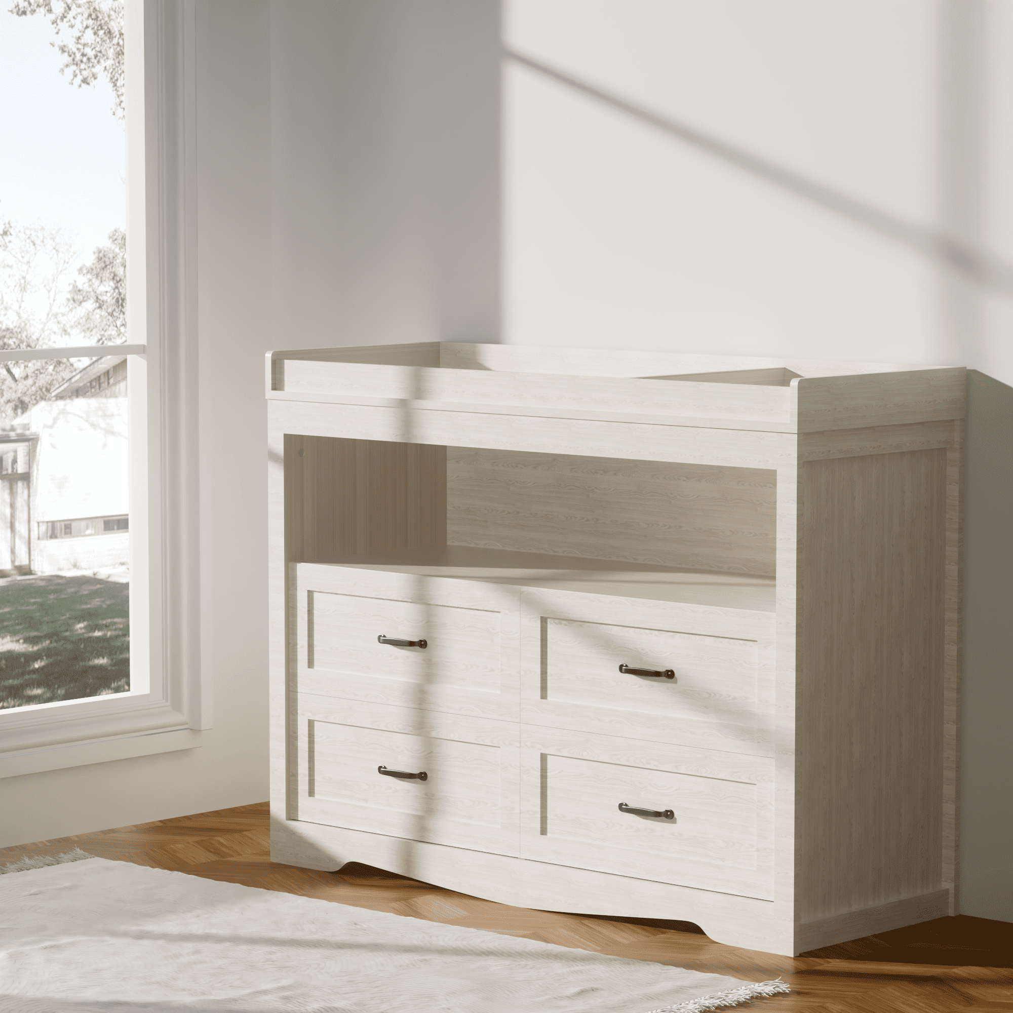 Baby Changing Table Dresser Nursery Chest with Storage-Infant & Toddler, 4 Drawers and Open Storage Space, Beige