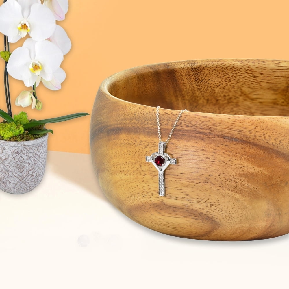 Sterling Silver Created Ruby and White Topaz Heart Cross Birthstone Pendant Necklace