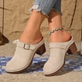 thumbnail image 4 of Pandaie Womens Chunky Stacked Heel Mules Closed Round Toe Heeled Slip on Clogs Suede Buckles Casual Backless Pumps Loafers Shoes Beige Size 6, 4 of 9