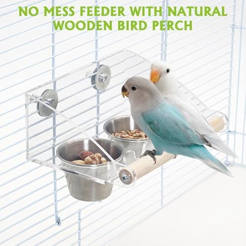 Bird Feeder for Cage with Double Stainless Steel Food & Water Bowls Anti-Slip Wood Perch Stand with No Mess Acrylic Seed Catcher for Parrot, Budgie, Parakeet, Lovebird, Canary, Finch,Conure