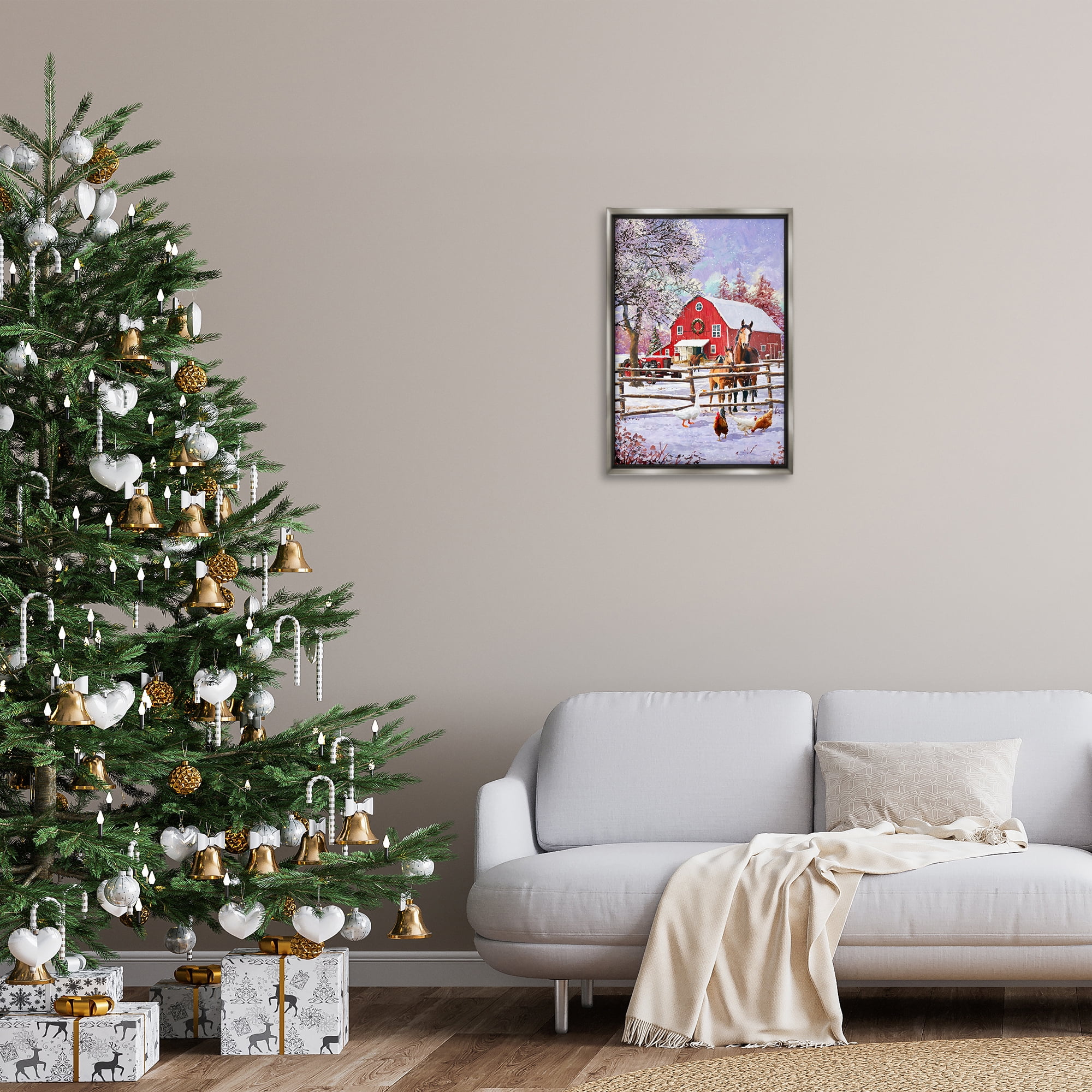 Stupell Industries Winter Farm Scene Holiday Painting Gray Floater Framed Art Print Wall Art, 17 x 25