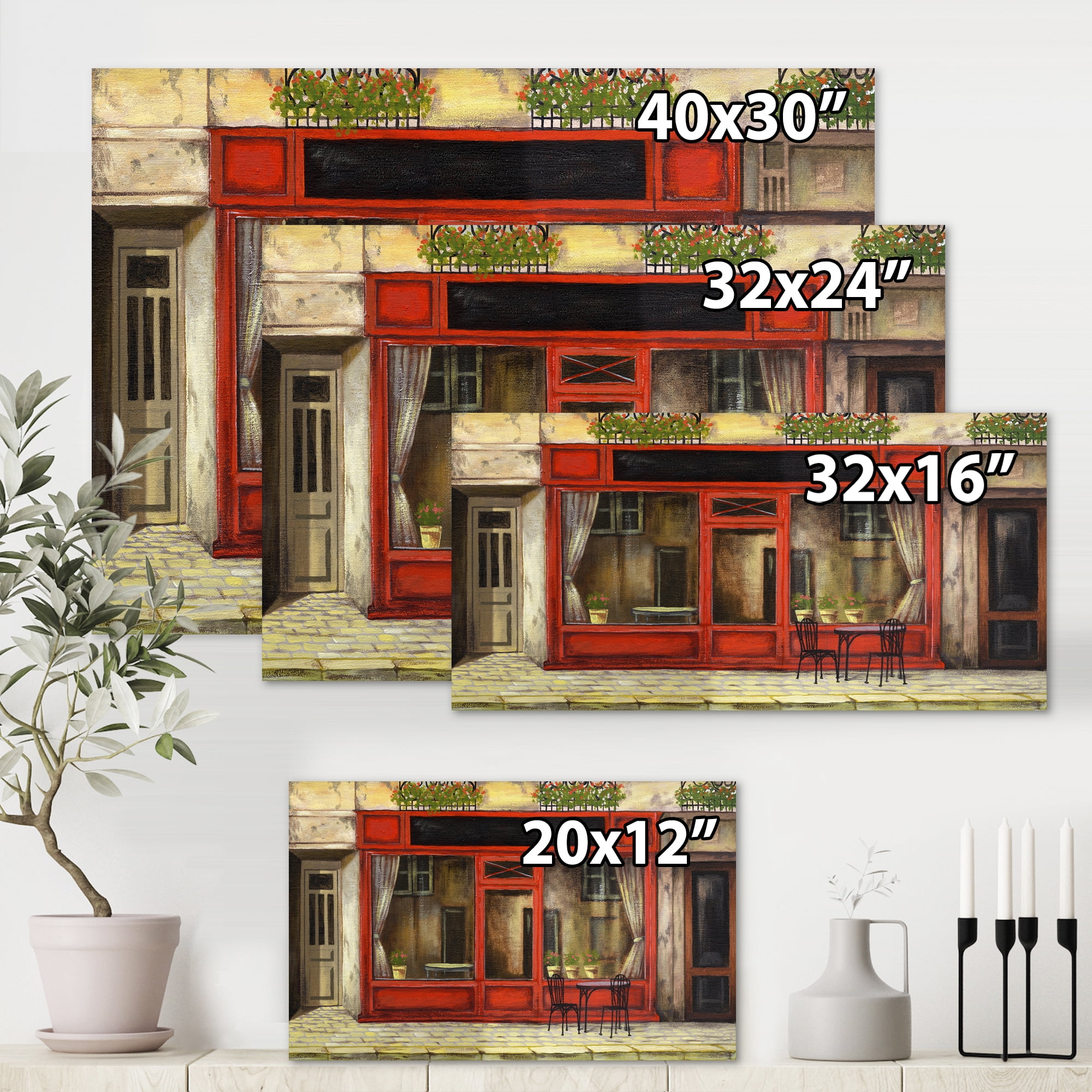 Red Facade of Charming Shop In Paris Street I 12 in x 8 in Painting Canvas Art Print, by Designart