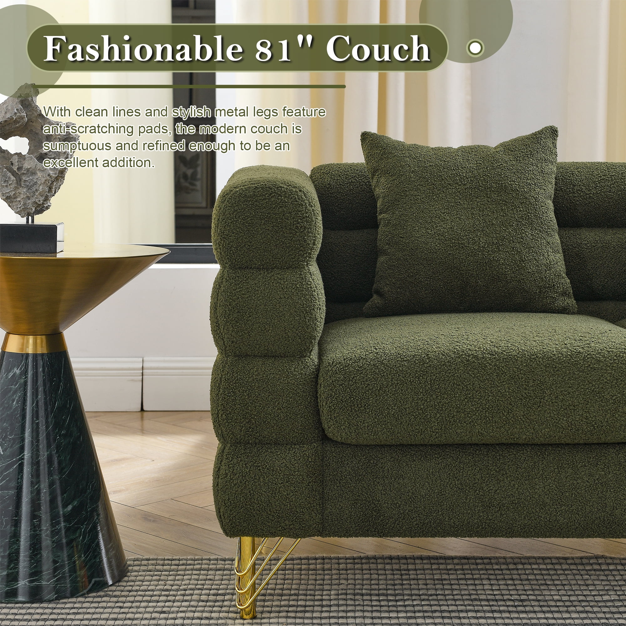 81"L Couches and Sofas, Atumon 3-Seat Sofa Couch, Mid-Century Upholstered Sofa Furniture with 4 Metal Legs and 3 Pillows, Modern Sofa for Living Room Bedroom Apartment, 81"L x 32"W x 28"H, Green