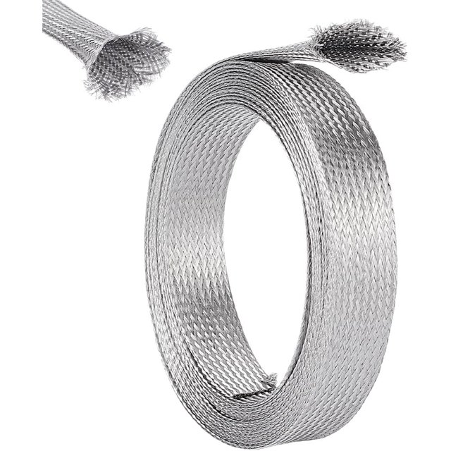 Manguito trenzado de acero inoxidable de 0,78" de ancho para cable de 13,12 pies, funda de blindaje, correas de tierra, malla metálica plana, flexible, expandible y escalable para proteger cables.