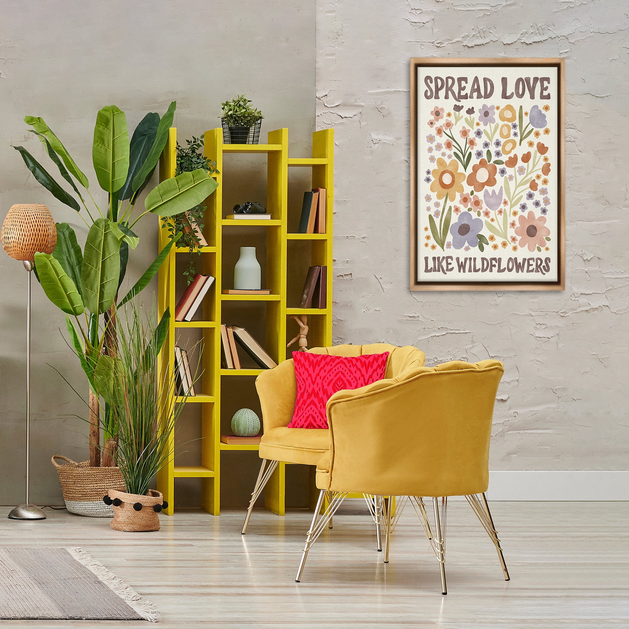 Stupell Industries Spread Love Like Wildflowers Plants & Flowers Painting Brown Floater Framed Canvas Art Print Wall Art, 21 x 31