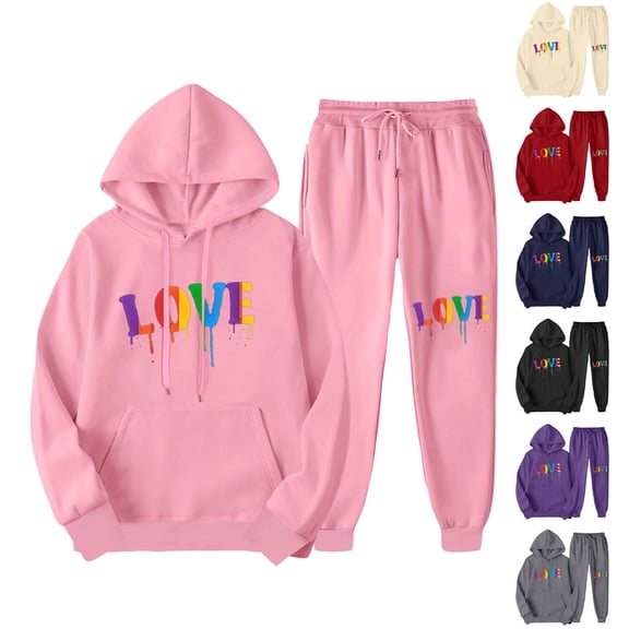 USSUMA Tracksuit for Women Womans Hoodie Long Sleeved Pullover Sweatpant Outfits Pocket Drawstring Print Tracksuit Elastic Waist Comfortable Jogger Sets Oversized Sport Fall Suit