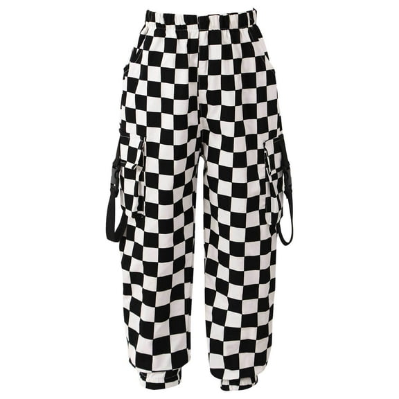 iiniim Girls Fashion Plaid Print Cargo Pants Elastic Waist Baggy Athletic Sport Sweatpants 3-16 A Type B Black 7-8