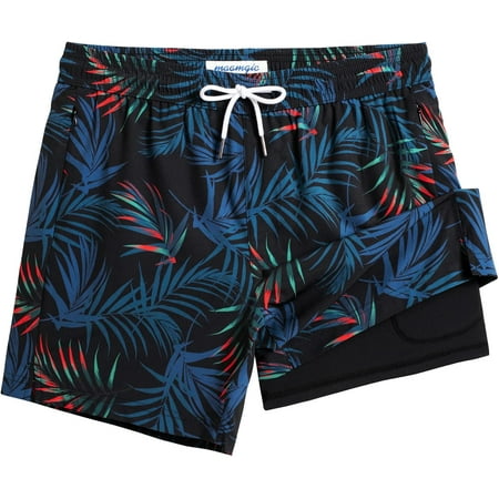 

maamgic Mens Swim Trunks with Compression Liner 5 Stretch Beach Shorts Quick Dry with Zipper Pockets No-Chafing Board Shorts
