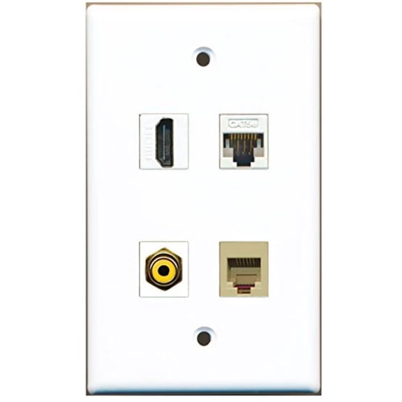 RiteAV - 1 Port HDMI 1 Port RCA Yellow 1 Port Phone RJ11 RJ12 Beige 1 Port Cat5e Ethernet White Wall Plate