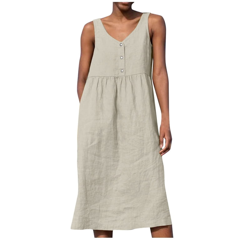 Lovzfmll Tank Dresses for Women, Women's Spring/Summer Sleeveless Cotton Beach Casual Tank Top Dress Solid Loose V-neck Pleated Cotton Linen Dress
