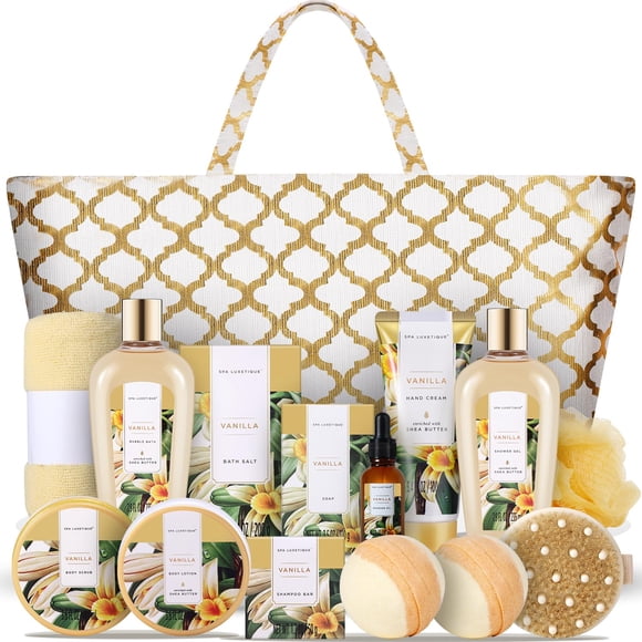 Spa Luxetique Paniers-cadeaux pour Femmes, 15 Pcs Cadeaux Spa à la Vanille pour Femmes, Cadeaux pour Femmes avec Bain Moussant, Sel de Bain, Bombes de Bain Cadeau de Noël Baske