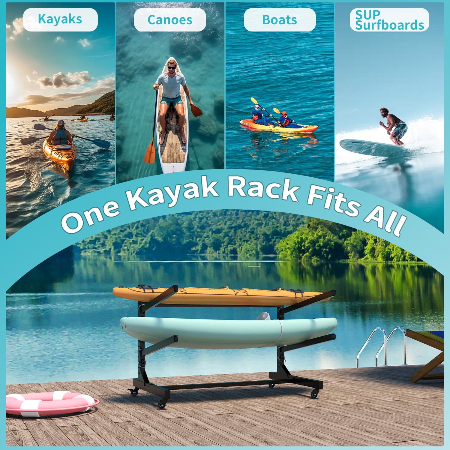IKIMI Adjustable Kayak Storage Rack with Sturdy Steel Frame, Space-Saving Design for Kayaks, Canoes, Paddleboards