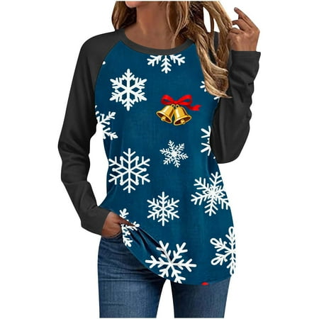 Christmas Shirts for Women Snowflake Print Raglan Long Sleeve Shirt Christmas Crew Neck Blouse Holiday Top for Winter Wear My Items