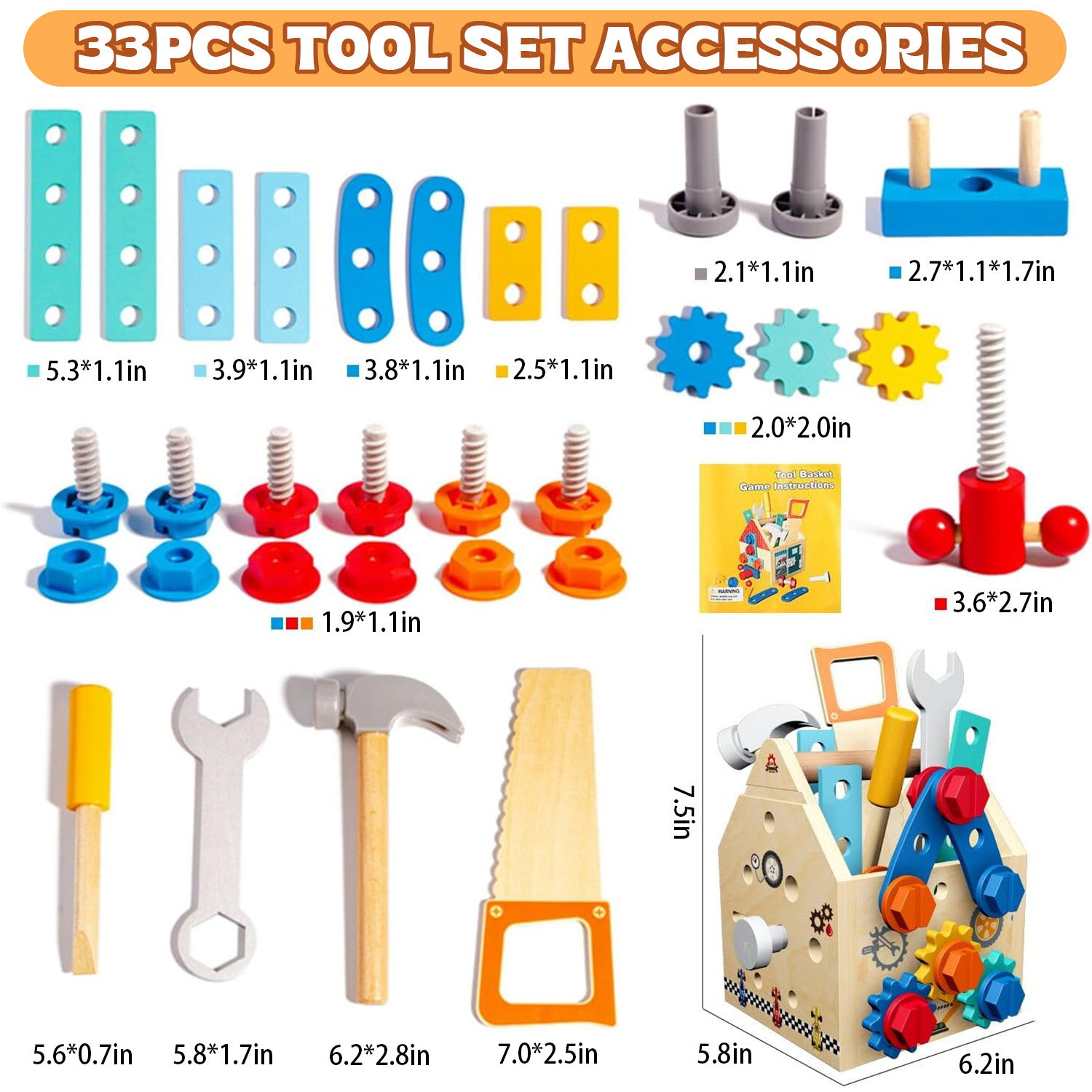 Set de herramientas de juguete para niños de 3 a 6 años, 33 piezas, juguetes Montessori para niños de 3 años, herramientas STEM con caja/casa, juguetes educativos de madera para niños y niñas de 3, 4, 5 y 6 años 6