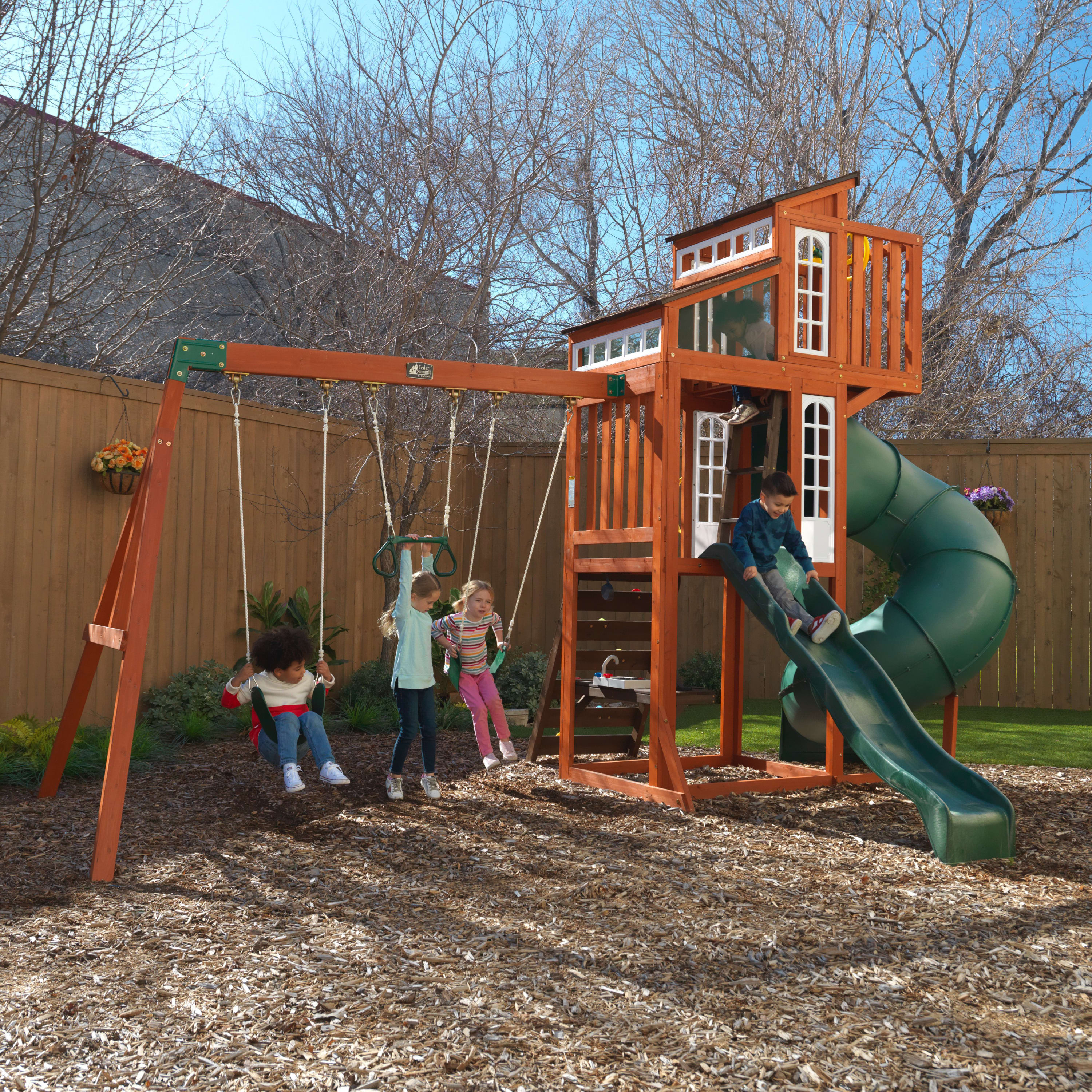 KidKraft Austin Wooden Outdoor Swing Set with Slides, Swings, Kitchen and Rock Wall - image 6 of 27