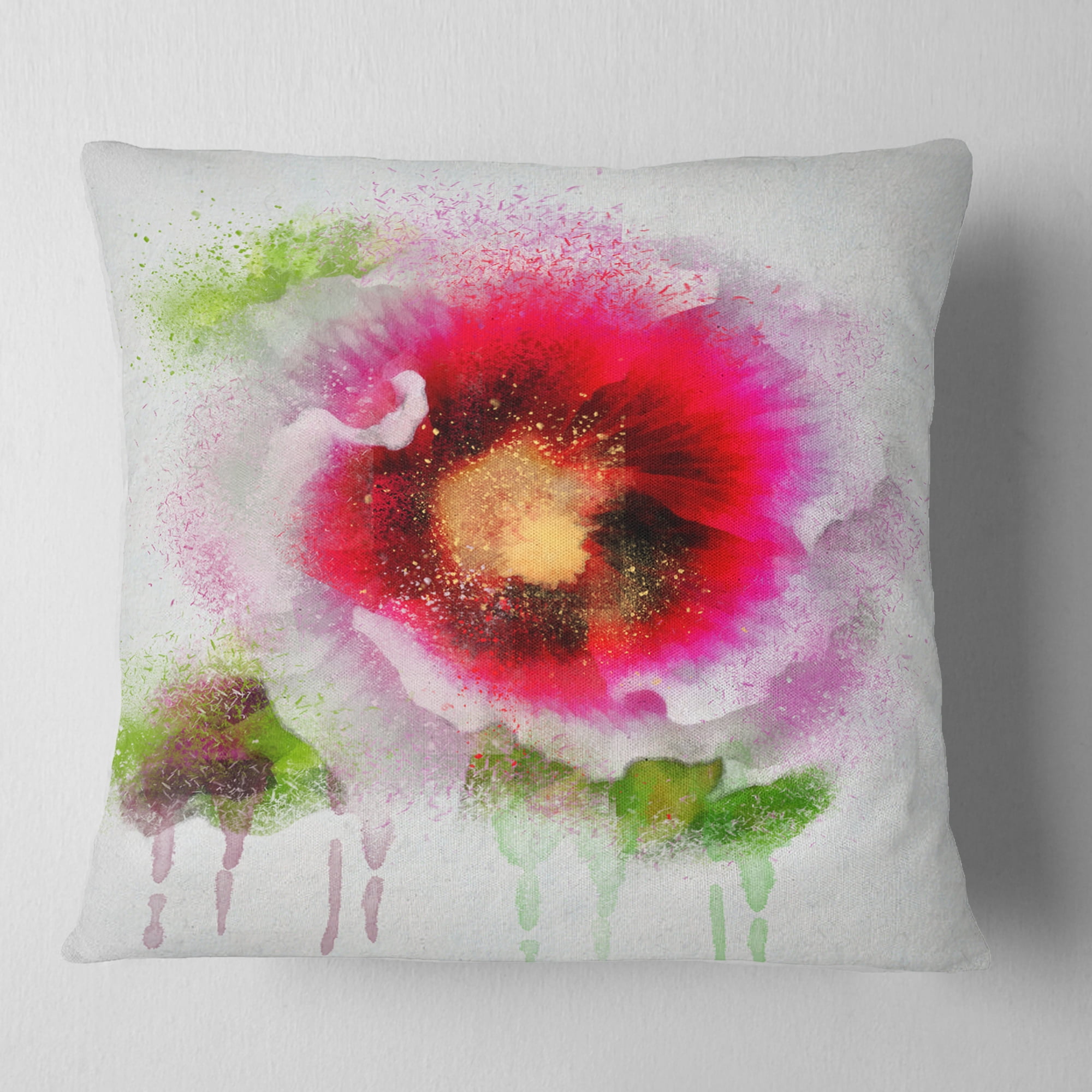 Designart Poppy with Green Watercolor Splashes - Floral Throw Pillow - 18x18