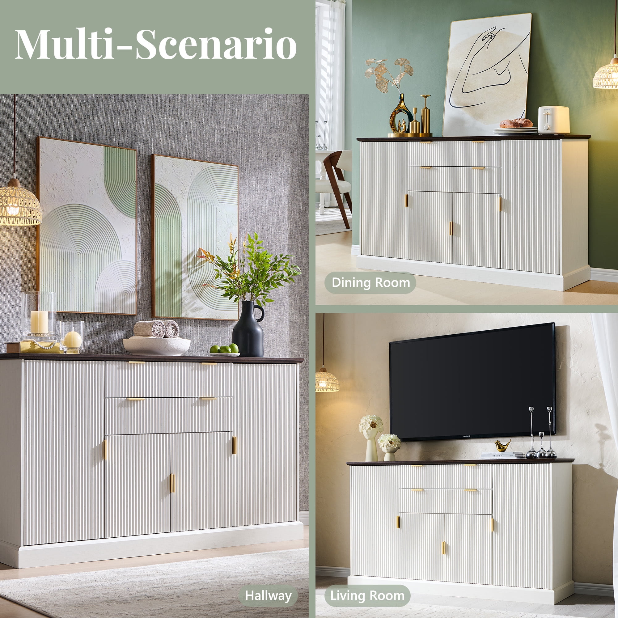 SinCiDo Farmhouse Fluted Buffet Cabinet with Storage, Kitchen Sideboard Cabinet with Adjustable Shelves for Dining Room