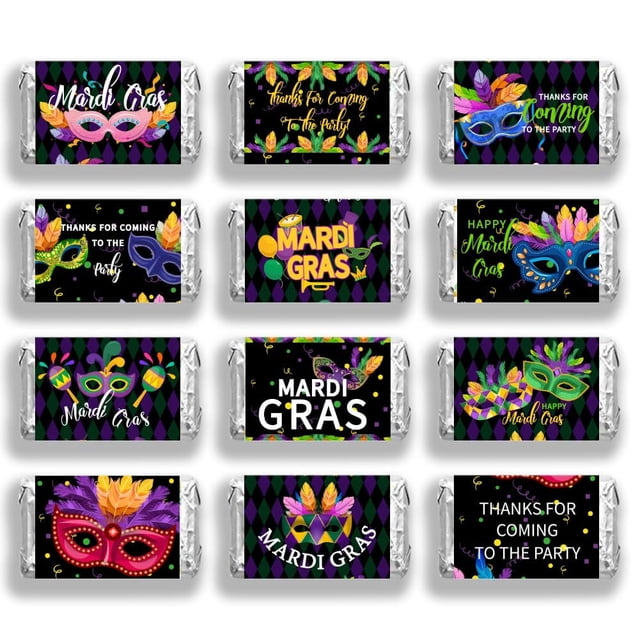 120 piezas de envoltorios de barra de caramelo, etiquetas de chocolate de Mardi Gras, pegatinas de barra con tema de bienvenida, envoltorios personalizados en miniatura, recuerdo de caramelo de