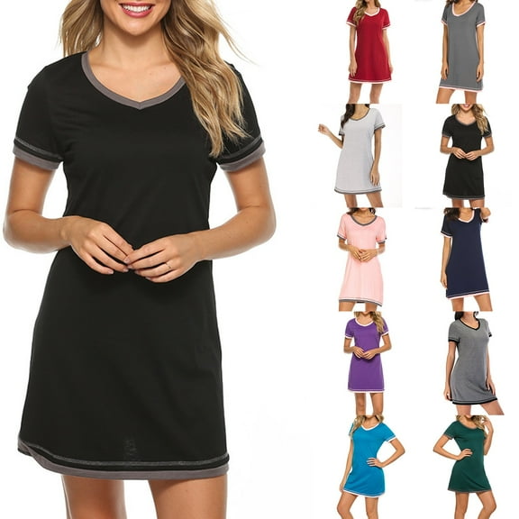 BLVB Women's Nightgown Short Sleeve Sleepshirt V Neck Pajama Dress Soft Comfy Sleepwear S-2XL