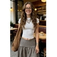thumbnail image 2 of Chocolate Brown Plaid Mid-Length Skirt, Elegant Casual A-Line Flowing Skirt For Daily Wear, 2 of 4