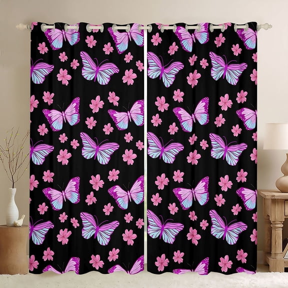 Homewish Cute Butterfly Kid Black Out Curtains, Blossoms Flower Floral Curtains Pack of 2 (42x63 Each), Black Purple Cartoon Theme Bedroom Curtains, Living Room Curtains Decor