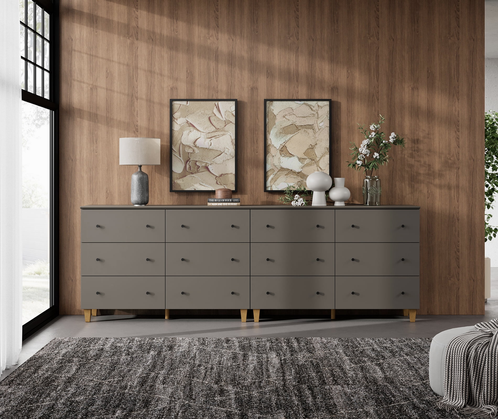12 Drawers Dresser for Bedroom, 2-in-1 Modern Wooden Chest of Drawers, 94" Wide, Dark Gray Finish