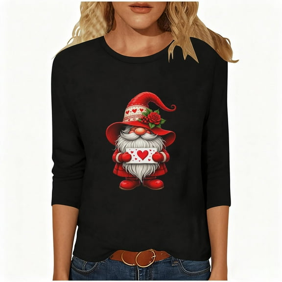 Feancey Womens Valentines Day Plus Size Tops Loose Fit Dressy Casual 3/4 Sleeve Blouse Cute Gnome Printed Tunic Tees Spring Trendy Going Out T-Shirts Black 4XL