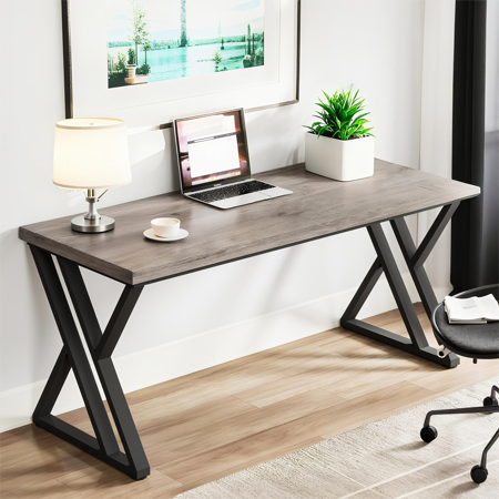 Lantine 55.12 Modern Computer Desk with Wood Tabletop Metal Frame Office Desk Gray