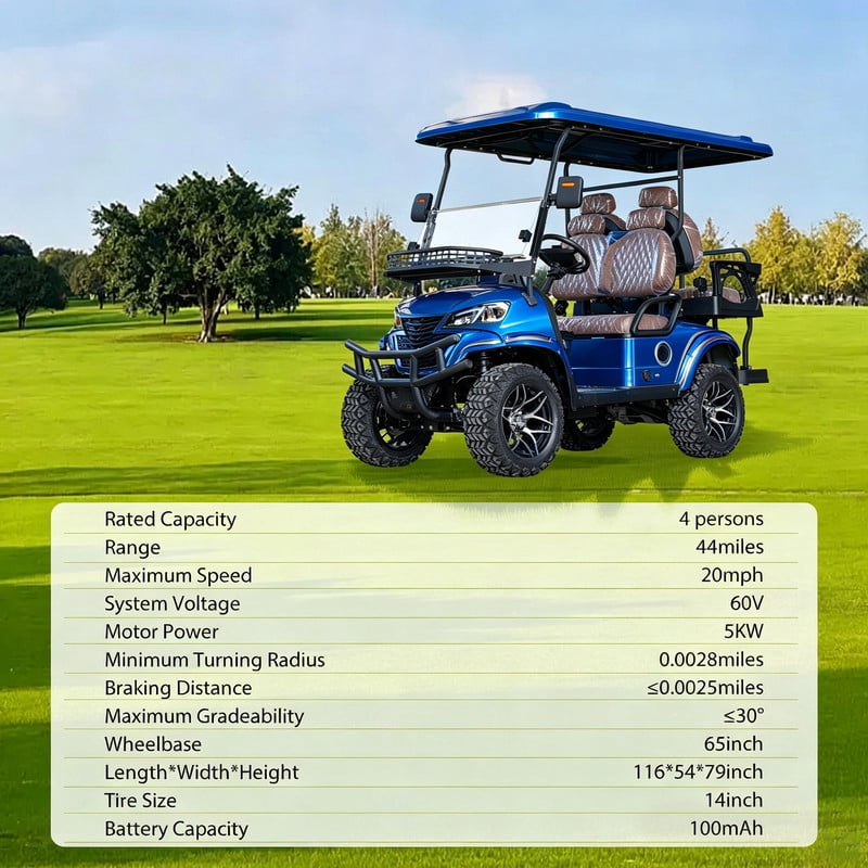 MMS 4P 60V Electric Golf Cart with 5KW Motor, 20 MPH Top Speed, 44 Miles Range, Ages 16 and Up, Reversing Radar, Advanced Suspension, Rear &Front Storage, LCD Display-Blue