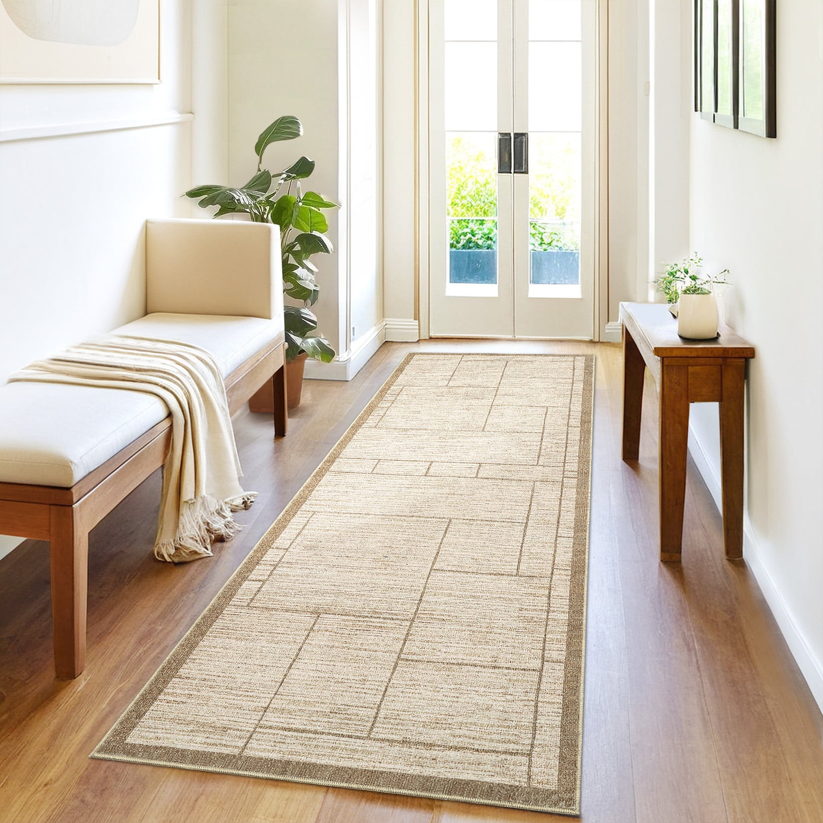 Garvee 2'x6' Modern Geometric Runner Rug Solid Rug, Washable Rug Non-Slip Low Pile Indoor Carpet for Hallway Bedroom Kitchen, Beige