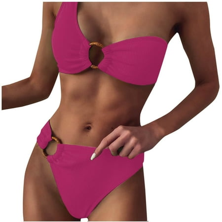ZQGJB Women s Ribbed Bikini Sets One Shoulder Top with Mid Waist Two Piece O-Ring Tie Thong Bathing Suit(Hot Pink L)