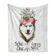thumbnail image 1 of Wolf Soft Flannel Fleece Throw Blanket, Pattern of Floral Head Portrait of Siberian Husky Dog Tribal Arrow Elements Image, Cozy Plush for Indoor and Outdoor Use, 50" x 70", Multicolor, by Ambesonne, 1 of 6
